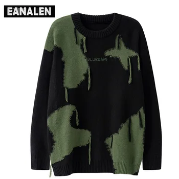 Harajuku ретро черен зелен вязаный пуловер с пискюли и звездите, мъжки жилетки оверсайз, пуловер, дебел пуловер, дядо, грозен пуловер, жена