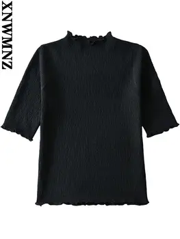 XNWMNZ тениска Дамска мода базова приталенная укороченная тениска с еластична нишка реколта тениска с къс ръкав и високо деколте дамски блузи mujer